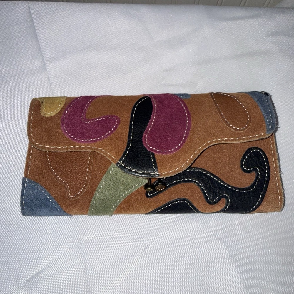 Lucky Brand Kisslock Long Wallet Clutch Leather Suede Bohemian Hippy Multicolor